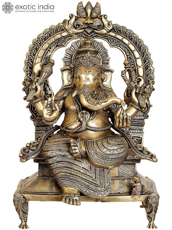 28" Large Size Majestic Ganesha Enshrining the Throne with Mahakala Arch In Brass | Handmade | Made In India