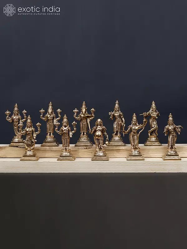 6" Dashavatara : Ten Incarnations of Lord Vishnu (From Left - Matshya, Kurma, Varaha, Narasimha, Vaman, Parashurama, Rama, Krishna, Balarama and Kalki) | Handmade | Madhuchista Vidhana (Lost-Wax) | Panchaloha Bronze from Swamimalai