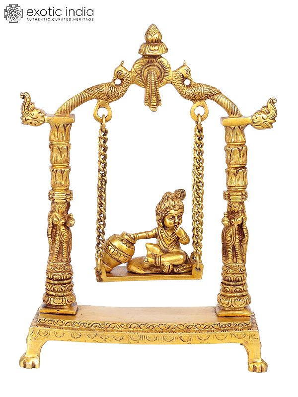 11" Butter Krishna Idol on a Swing | Handmade Brass Statue | Made in India