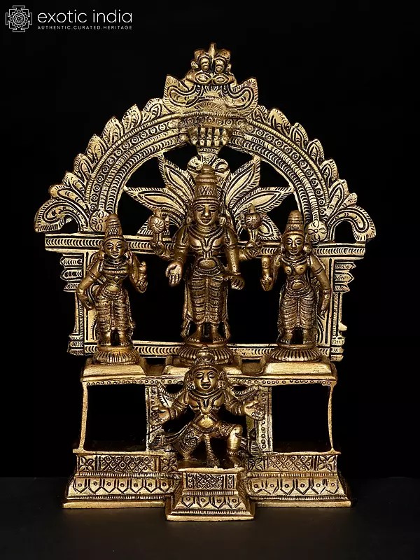 7" Lord Vishnu with Lakshmi and Bhudevi on Garuda Pedestal In Brass | Handmade | Made In India