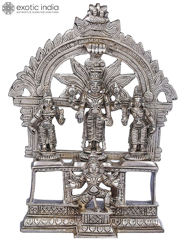 7" Lord Vishnu with Lakshmi and Bhudevi on Garuda Pedestal In Brass | Handmade | Made In India