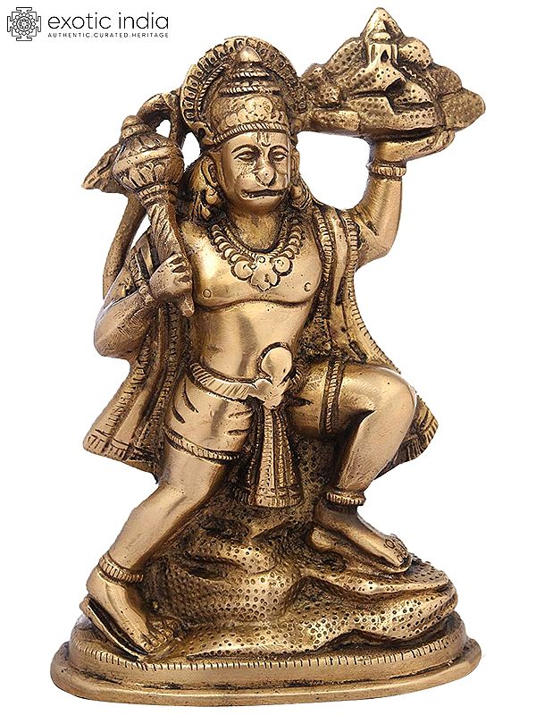 7" Brass Lord Hanuman Statue Holding the Mountain of Herbs (Sanjeevani Booti) | Handmade | Made in India