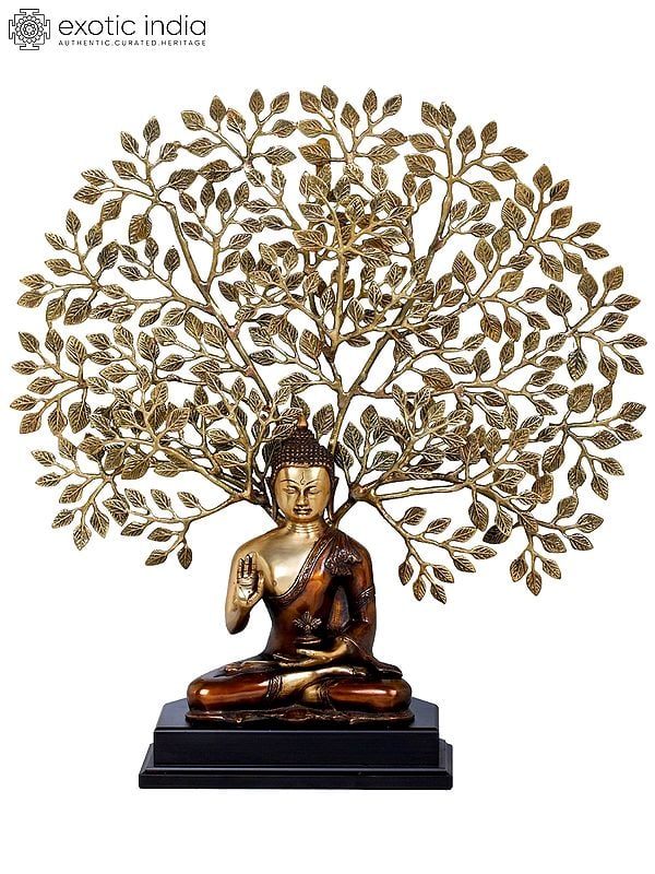 24" Tibetan Buddhist Seated Lord Buddha, The Elaborate Bodhi Tree in Background | Handmade | Made In India