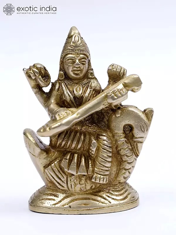 2" Goddess Saraswati Small Statue in Brass | Handmade | Made in India