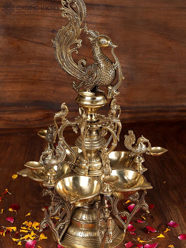 22" Auspicious Peacock Lamp in Brass | Handmade | Made in India