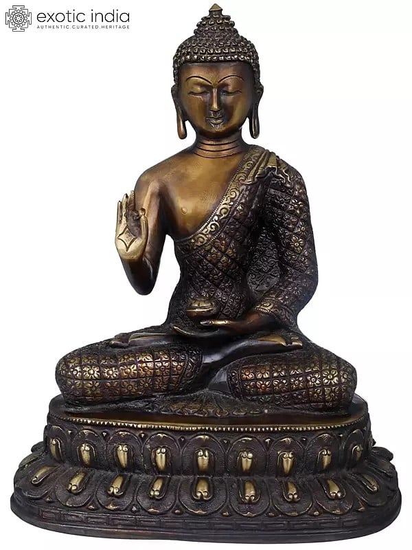 10" Chequered Robe Buddha Brass Statue | Indian Handcrafted Idol