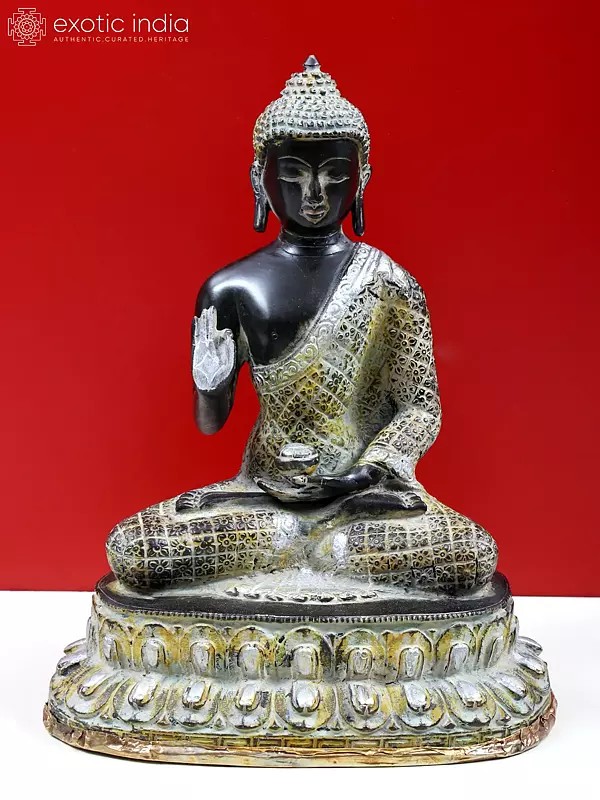 10" Chequered Robe Buddha Brass Statue | Indian Handcrafted Idol