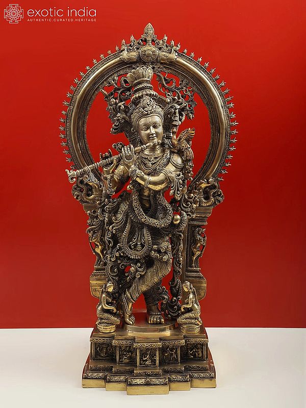 Fine Quality Large Lord Krishna and Gopis on his Feet With Baal-Lila On The Pedestal