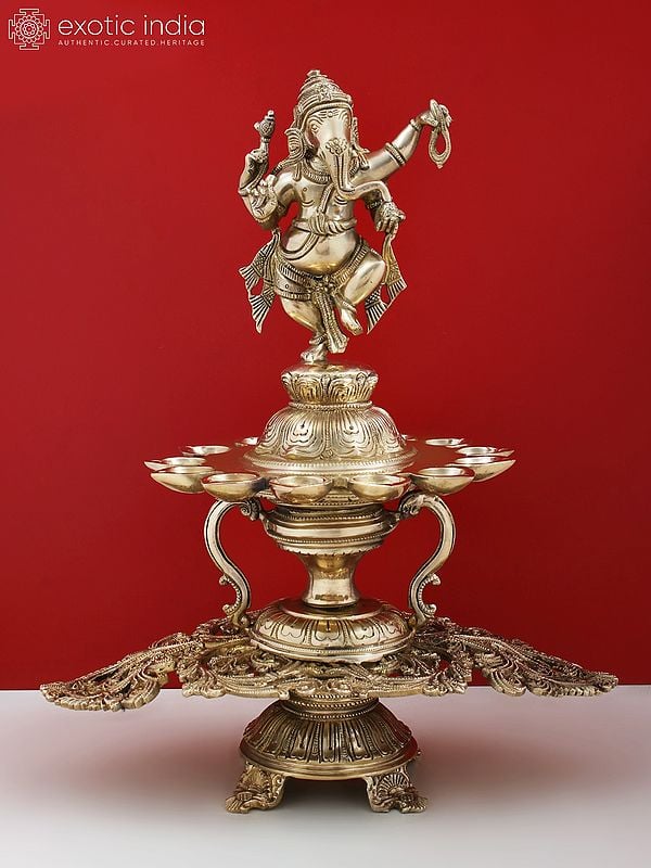 15" Brass Dancing Lord Ganesha with Diya for 12 Wicks