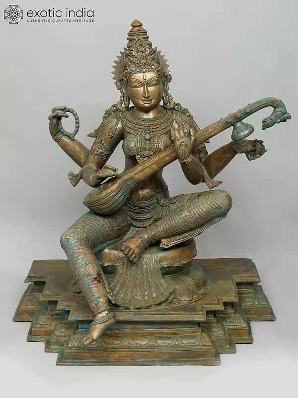 36" Large Sitting Four Armed Devi Saraswati Playing Veena | Madhuchista Vidhana (Lost-Wax) | Panchaloha Bronze from Swamimalai