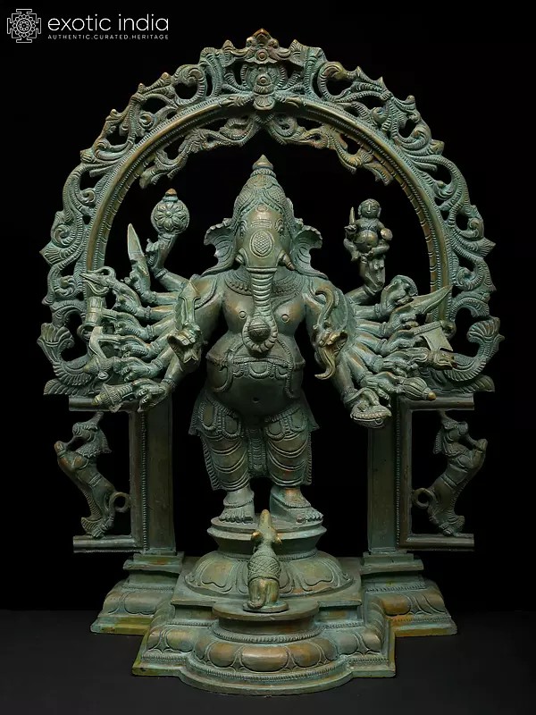 16" Sixteen Armed Standing Vira-Ganesha | Madhuchista Vidhana (Lost-Wax) | Panchaloha Bronze from Swamimalai