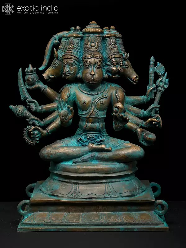12" Sitting Ten Armed Panchamukhi Lord Hanuman | Madhuchista Vidhana (Lost-Wax) | Panchaloha Bronze from Swamimalai
