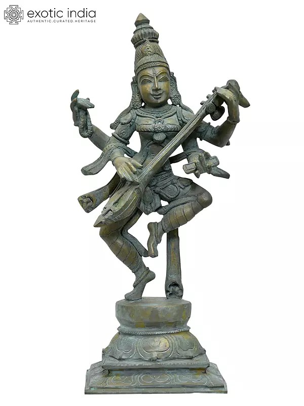 13" Dancing Goddess Saraswati Playing Veena | Madhuchista Vidhana (Lost-Wax) | Panchaloha Bronze from Swamimalai