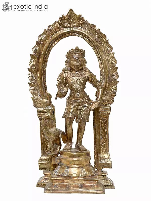 10" Standing Lord Murugan (Karttikeya) with Peacock | Madhuchista Vidhana (Lost-Wax) | Panchaloha Bronze from Swamimalai