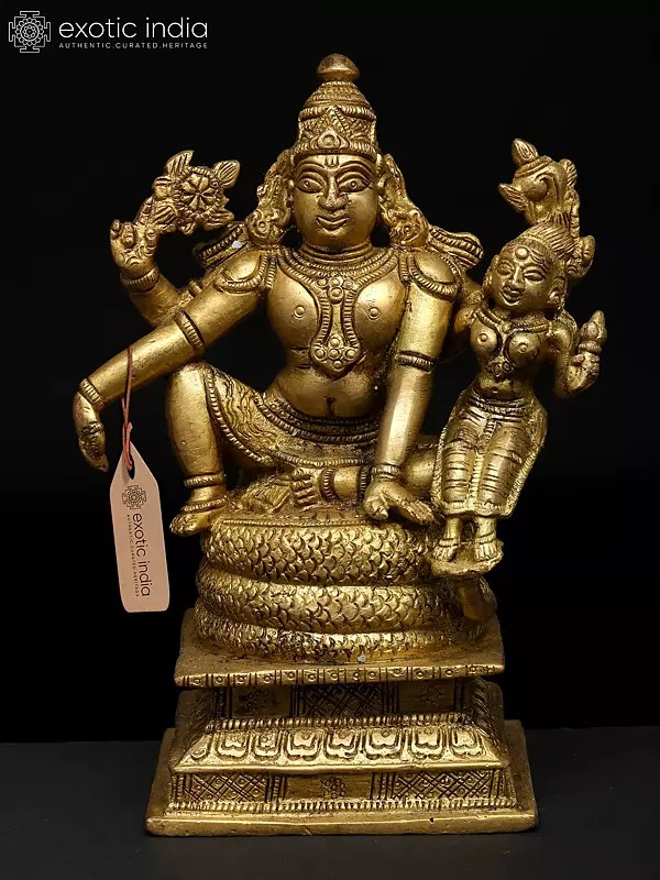 6" Small Lord Vishnu Seated with Devi Lakshmi | Brass Statue