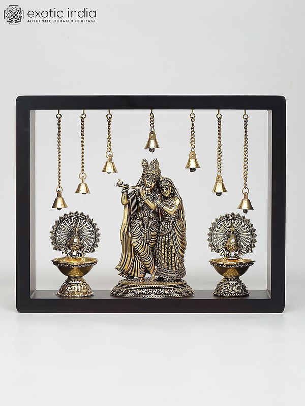 12" Superfine Fluting Radha Krishna with Peacock Lamps | Wood Framed Brass Sculpture | Wall Hanging