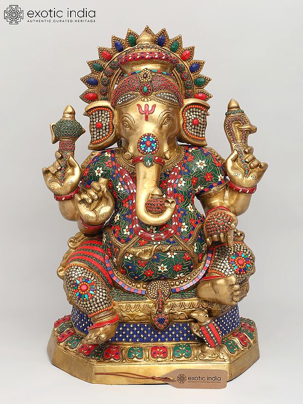 31" Large Sitting Chaturbhuja Lord Ganesha | Brass Statue with Inlay Work