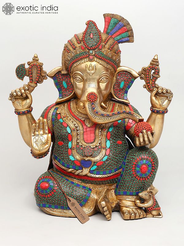21" Sitting Four Armed Turbaned Lord Ganesha | Brass Statue with Inlay Work