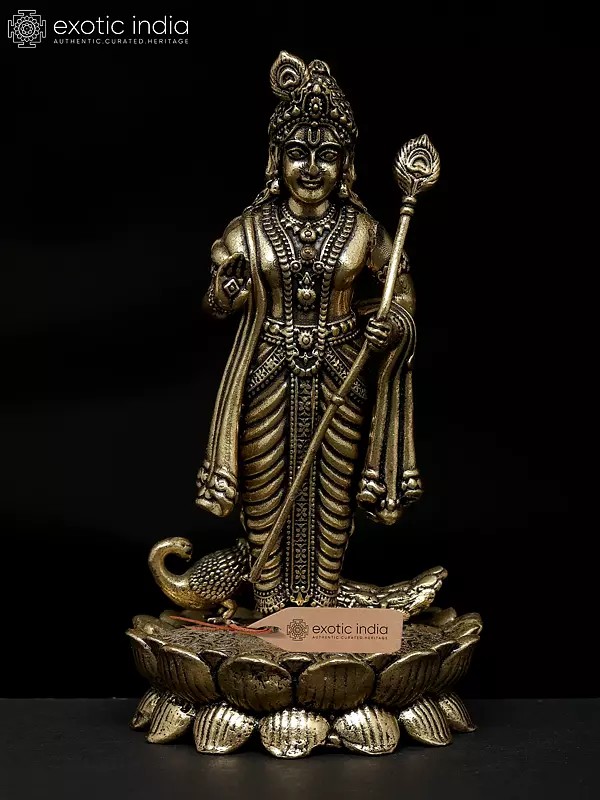 4" Small Superfine Standing Lord Murugan with Peacock | Brass Idol