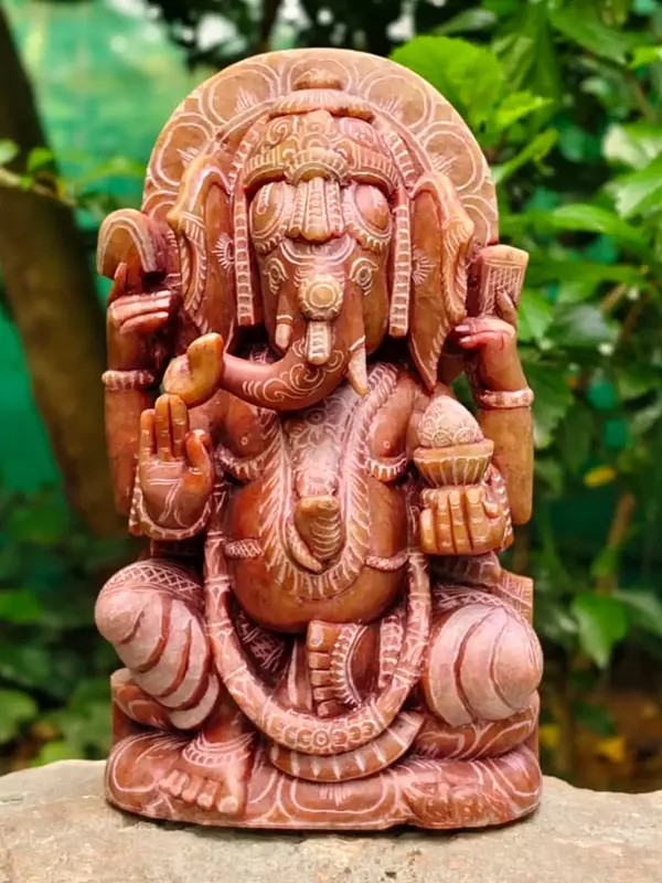 Seated Lord Ganesha In Blessing Gesture | Red Stone Statue | Hand Carved