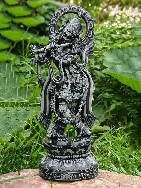 Standing Lord Krishna Playing Flute In Black Stone Statue | Idol For Temple