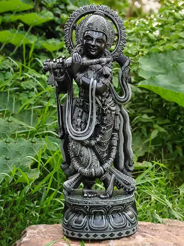Standing Hindu God Krishna Playing Flute In Black Stone Statue | Hand Carved