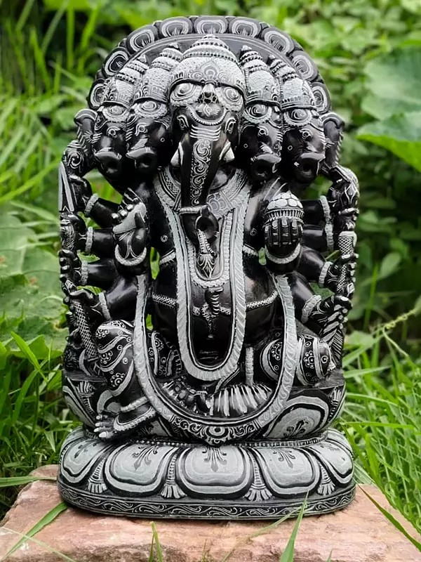 Panchmukhi Lord Ganesha Seated On Pedestal | Black Stone Statue | Hand Carved