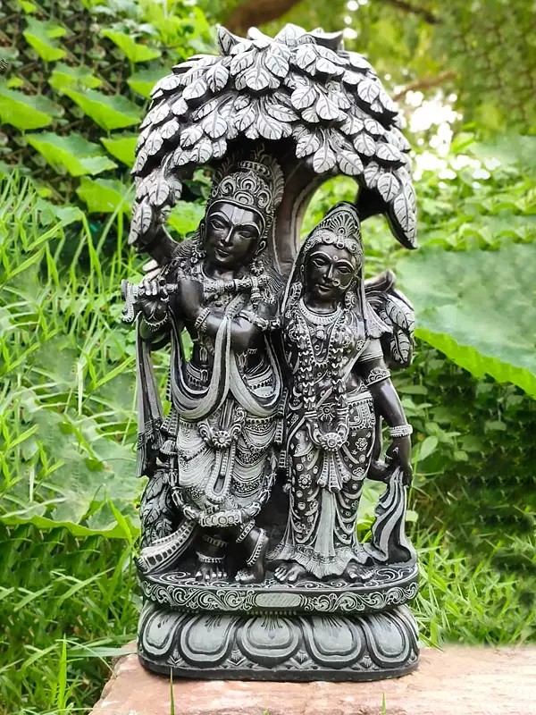 Standing Radha Krishna Under Tree In Black Stone Statue | Idol For Temple