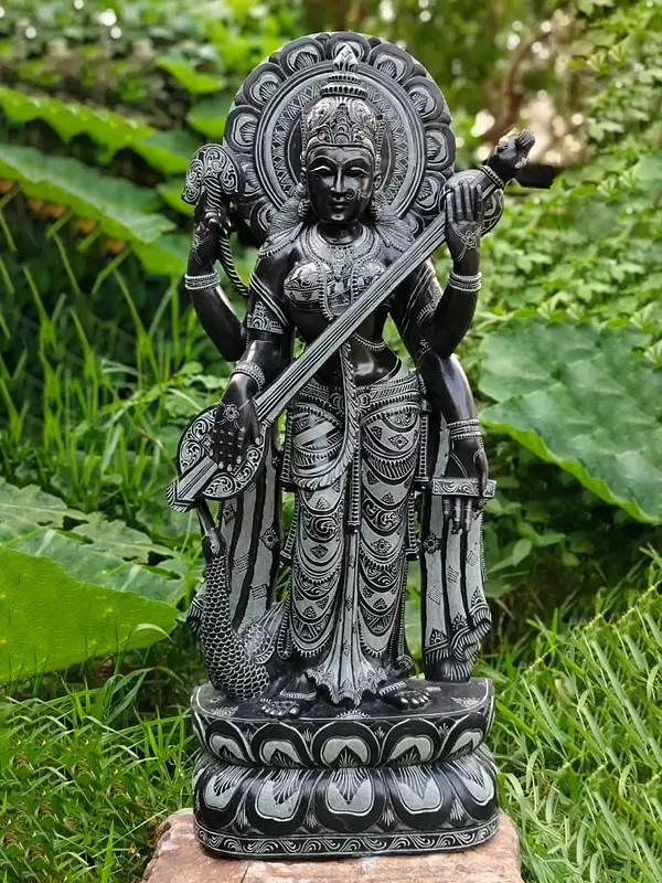 Standing Goddess Saraswati Playing Veena In Black Stone Statue | Idol For Temple