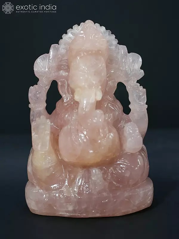 7" Blessing Lord Ganesha In Pink Quartz Statue Hand Carved | Sculpture For Temple