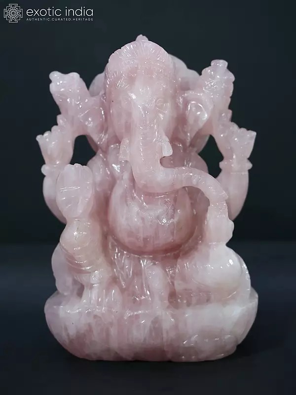 9" Seated Lord Ganesha Pink Quartz Statue In Blessing Gesture | Sculpture For Temple