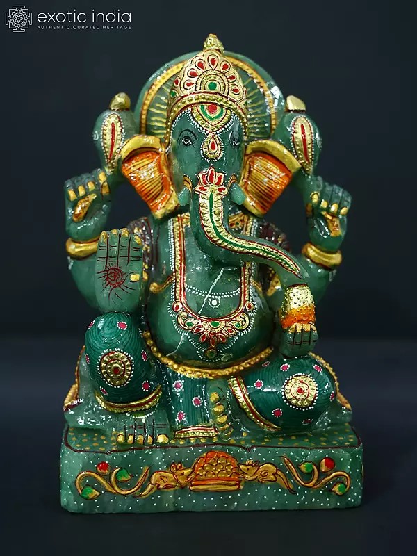 9" Green Aventurine Gemstone Seated Lord Ganesha With Modak And Mushak