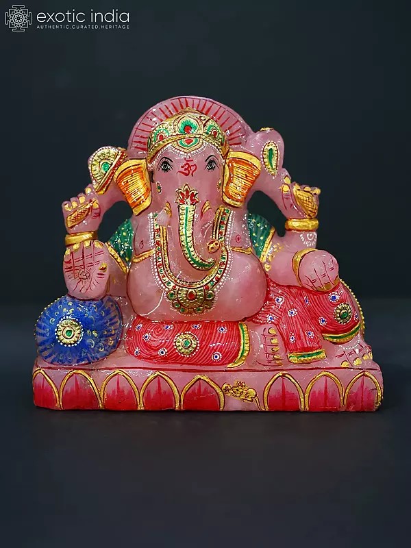 7" Relaxing Chaturbhuja Lord Ganesha In Pink Quartz Hand Carved | Statue For Temple