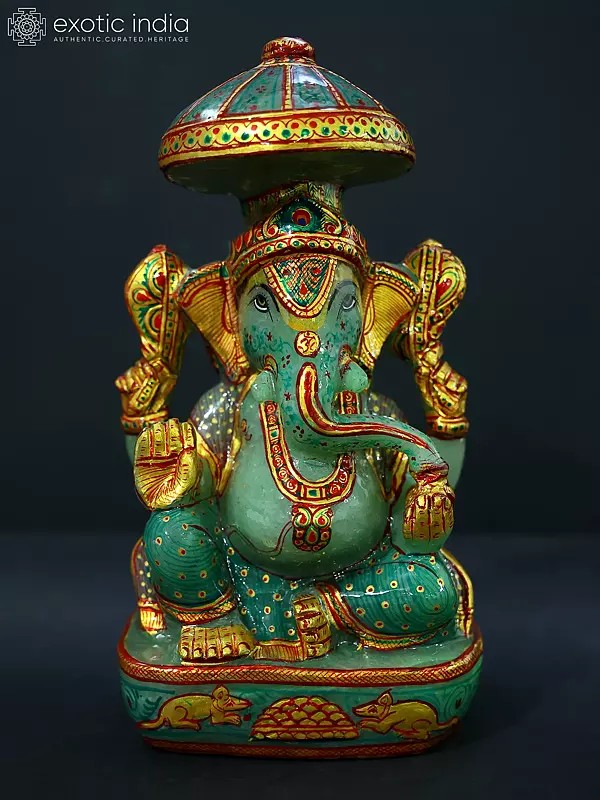 10" Green Aventurine Gemstone Chaturbhuja Lord Ganesha In Blessing Mudra | Hand Carved