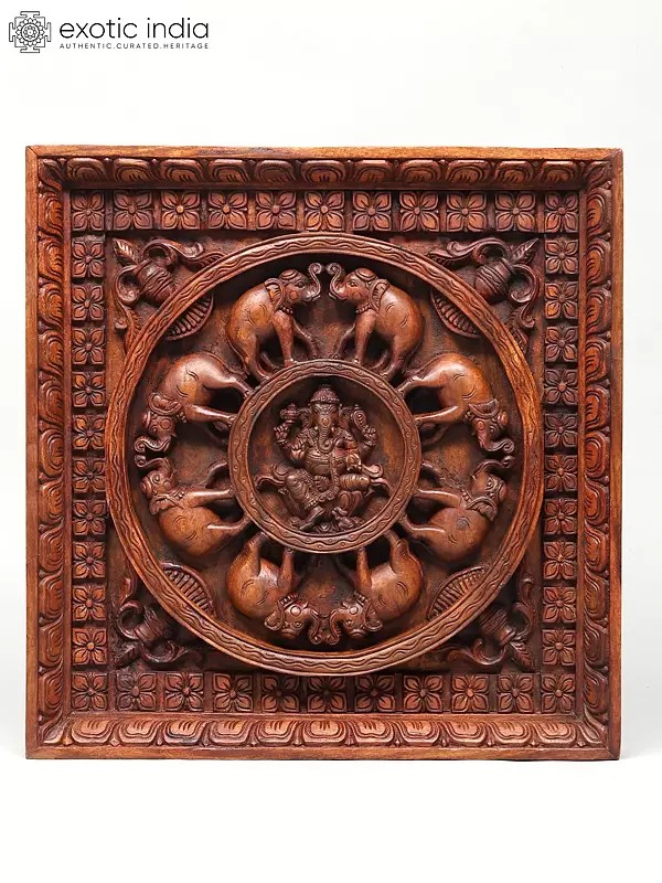 24" Four Armed Lord Ganesha Panel with Elephants | Wood Carving | Wall Hanging