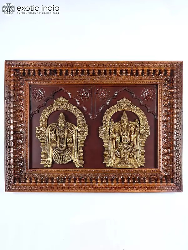 48" Wood Framed Venkateshvara (Tirupati Balaji) with Devi Padmavathi Brass Statues | Wall Hanging