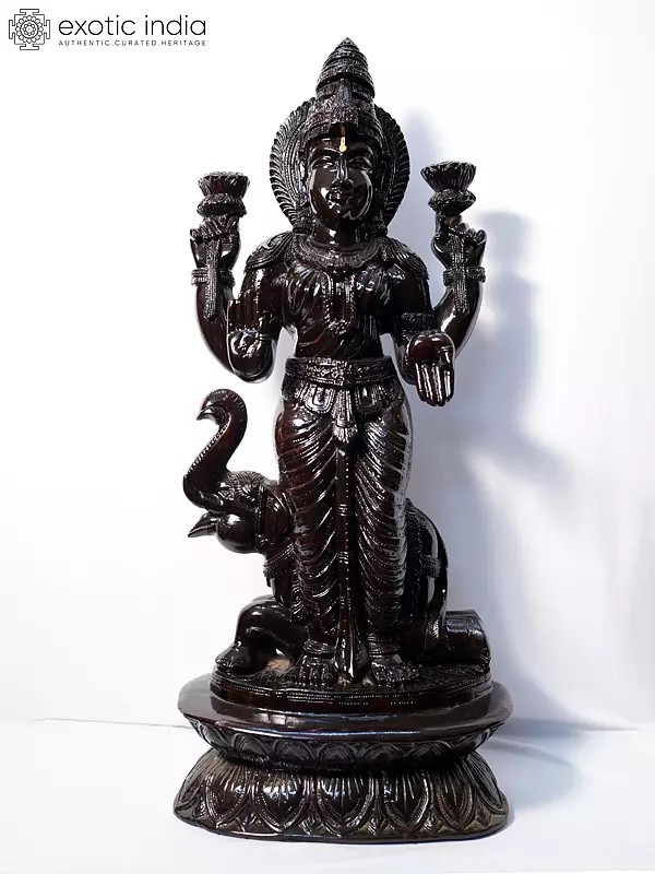 41" Goddess Gajalakshmi Statue In Standing Posture | Handmade Rosewood Figurine