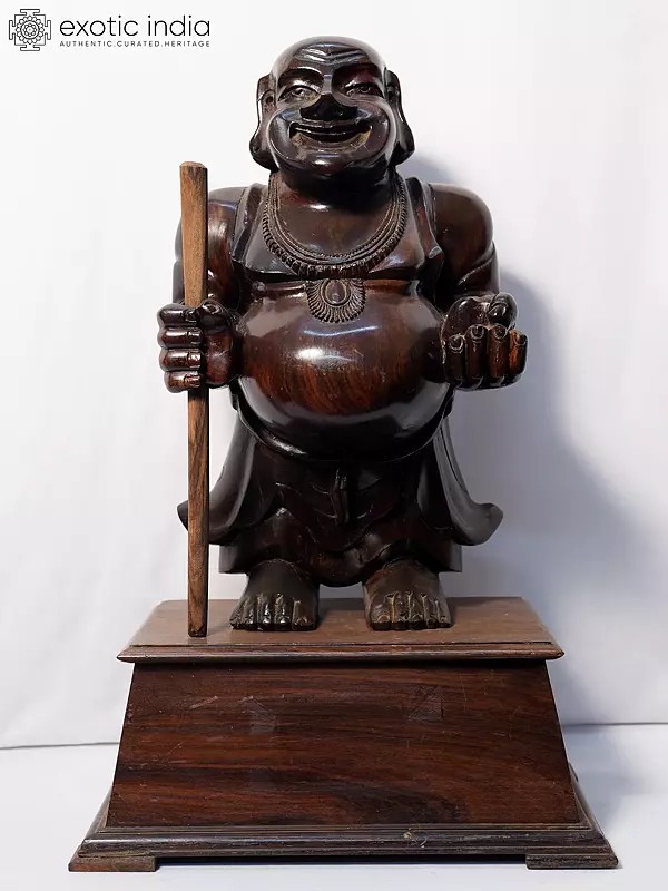 25" Laughing Buddha Idol With Stick Holding | Handmade Rosewood Figurine