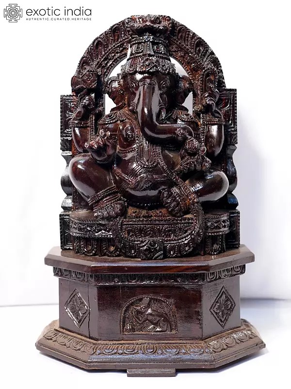 17" Handcrafted Statue Of Lord Ganesha With Carving | Handmade Rosewood Figurine