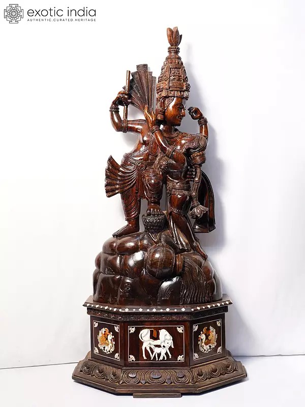 43" Radha And Krishna Statue With Inlay Work Base | Handmade Rosewood Figurine