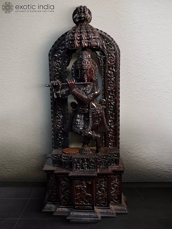 64" Lord Krishna Statue With Flute And Base | Handmade Rosewood Figurine