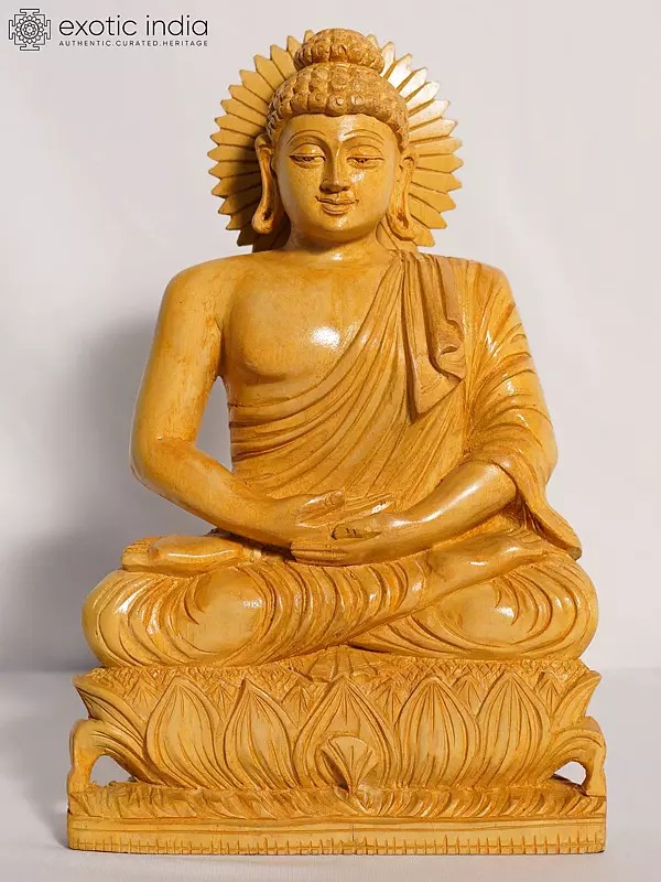14" Lord Buddha Seated On Lotus In Meditation | Handmade White Wood Figurine