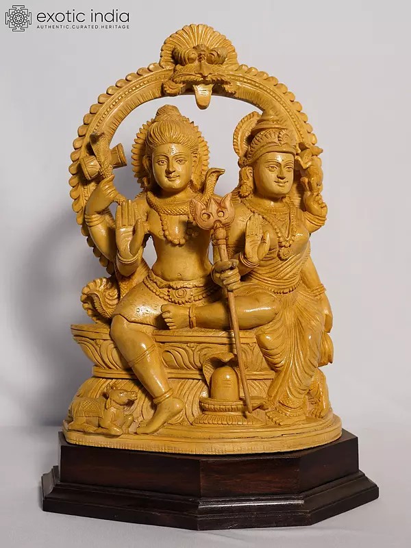 18" Lord Shiva And Goddess Parvati Seated On Kirtimukha Throne | Handmade White Wood Figurine