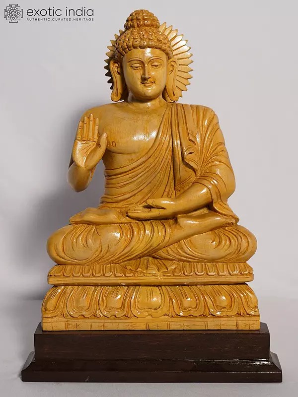 18" Lord Buddha Seated In Blessing Posture | Handmade White Wood Figurine