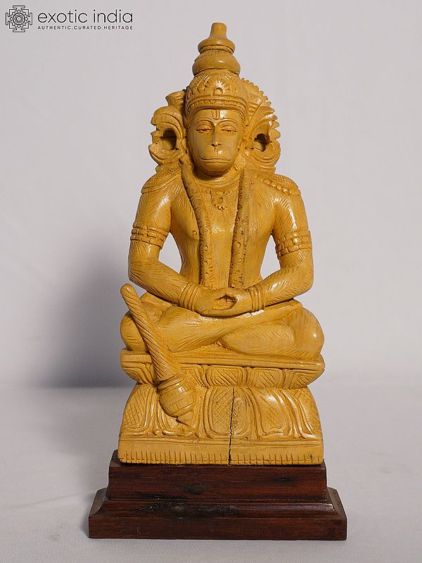 12" Lord Hanuman in Meditating Posture Statue | Handmade White Wood Figurine