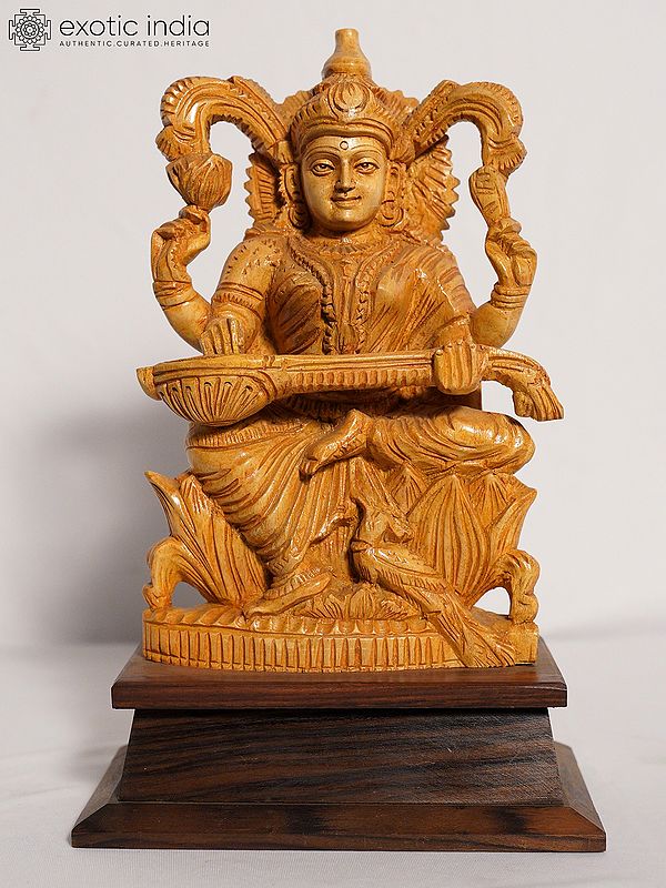 12" Goddess Saraswati With Sitar Instrument | Handmade White Wood Figurine