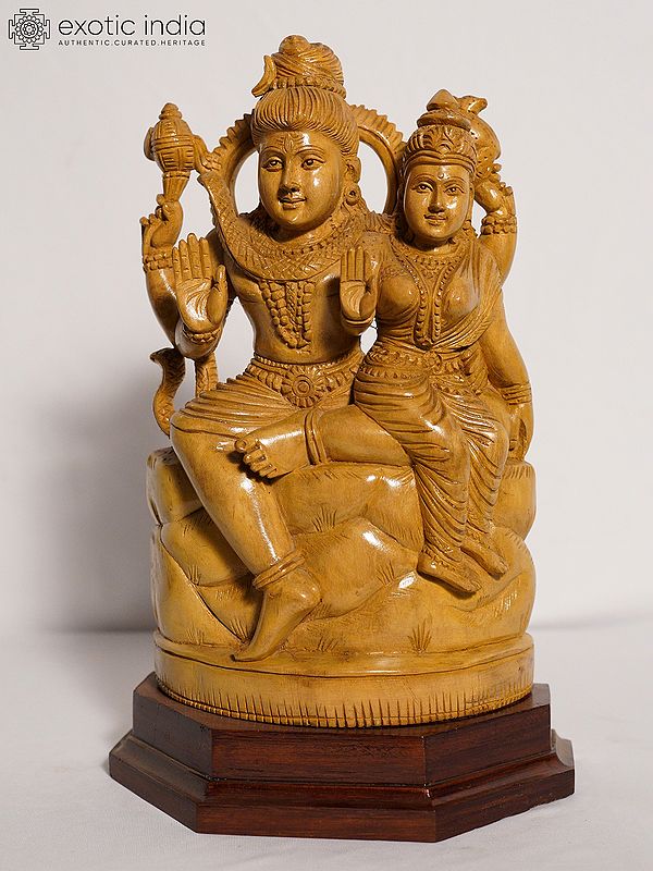 14" Lord Shiva And Goddess Parvati In Blessing Posture | Handmade White Wood Figurine