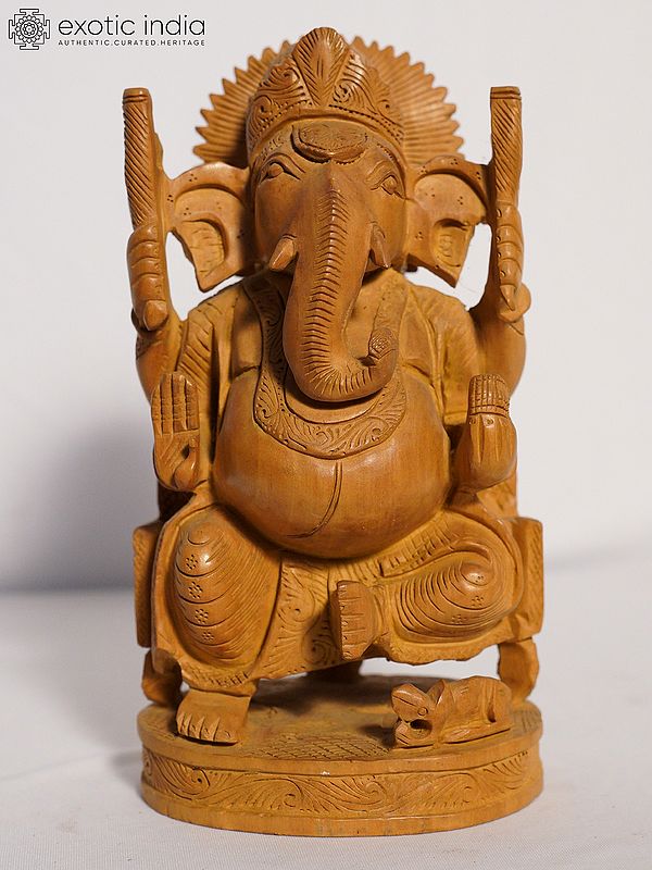 12" Wood Statue Of Bhagawan Ganapati | Handmade White Wood Figurine