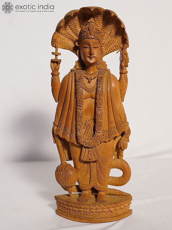 12" Standing Lord Vishnu With Sheshnag | Handmade White Wood Figurine