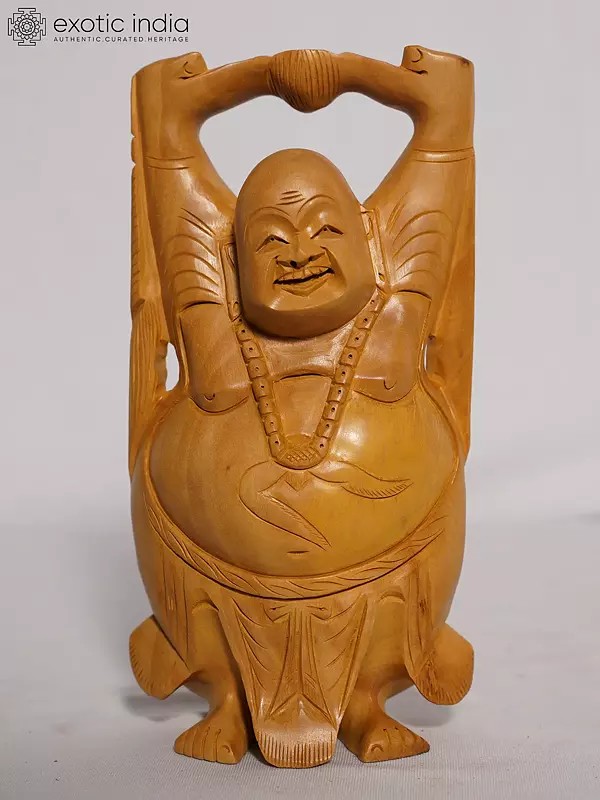 8" Standing Posture Statue Of Laughing Buddha | Handmade White Wood Figurine